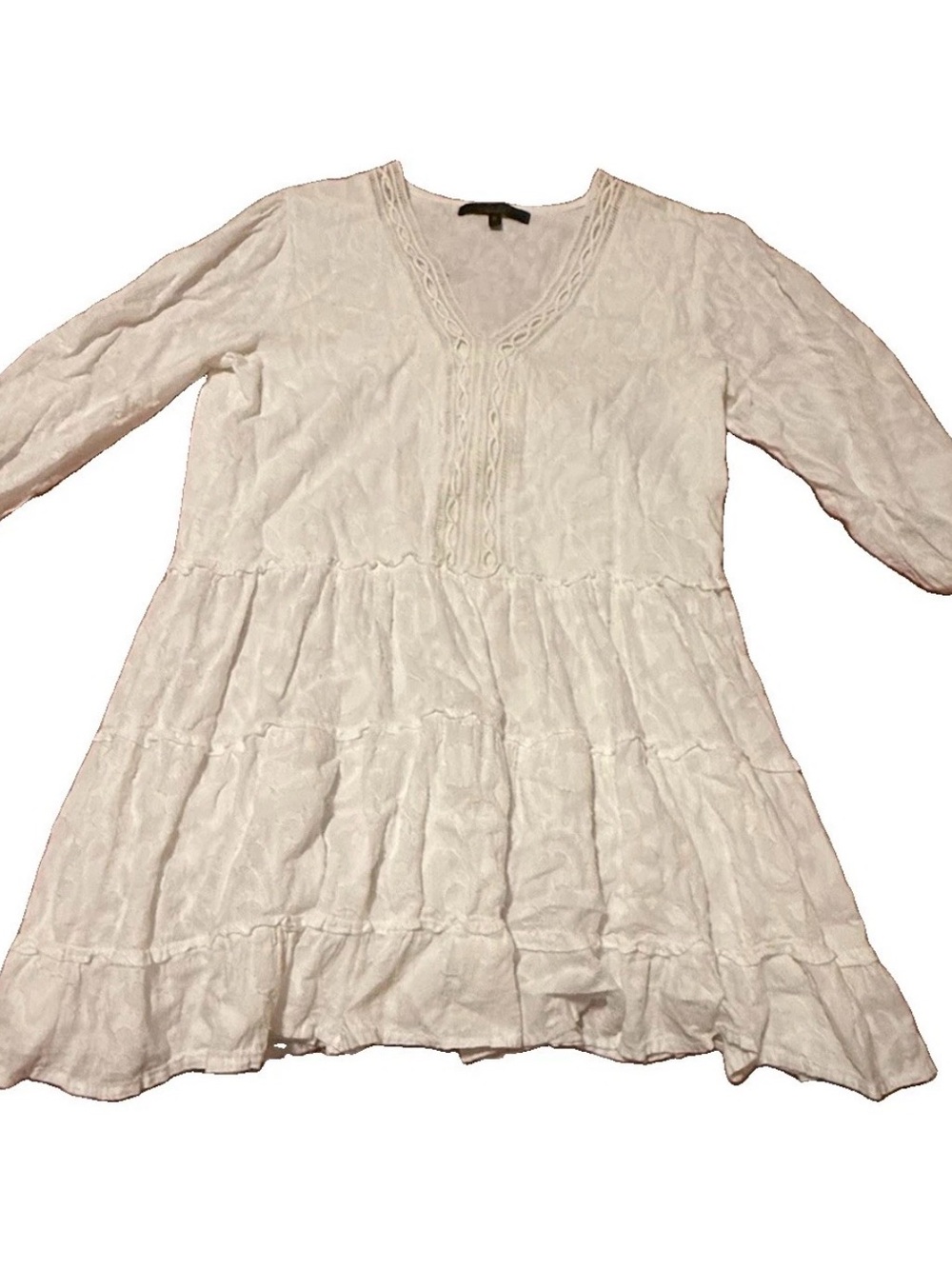 Giocam White Women Small 3 Tier Smocked Dress Floral Embroidery Feminine Cotton